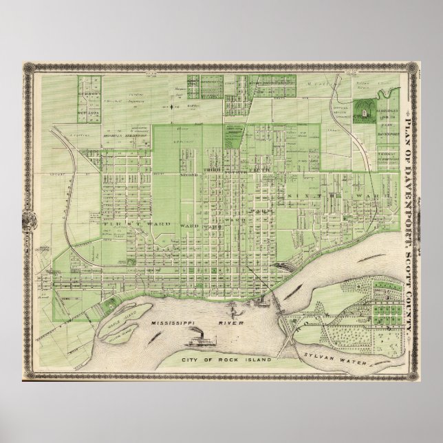 Affiche Carte vintage de Davenport Iowa (1875) (Devant)