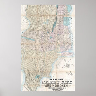 Affiche Carte vintage de Jersey City et Hoboken (1886)
