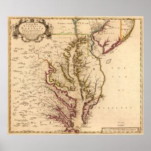 Affiche Carte vintage de la baie de chesapeake (1719)