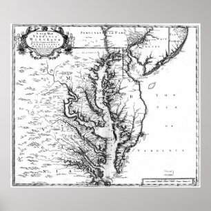 Affiche Carte vintage de la baie de Chesapeake (1719) BW