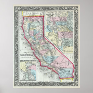 Affiche Carte vintage de la Californie (1860)
