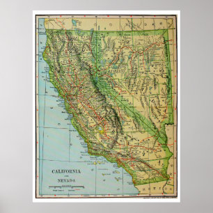 Affiche Carte vintage de la Californie et du Nevada (1905)