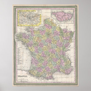 Affiche Carte vintage de la France, 1853