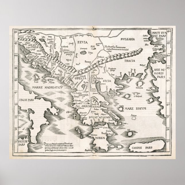 Affiche Carte vintage de la Grèce (1525) (Devant)