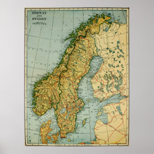 Affiche Carte vintage de la Norvège et de la Suède (1921)