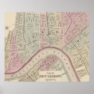 Affiche Carte vintage de la Nouvelle-Orléans (1880)