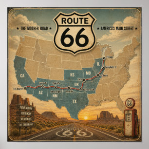 Affiche Carte vintage de la route 66, pompe à essence, pay