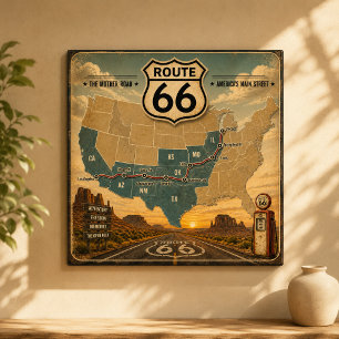 Affiche Carte vintage de la route 66, pompe à essence, pay