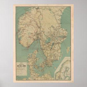 Affiche Carte Vintage de la Suède, de la Norvège et du D
