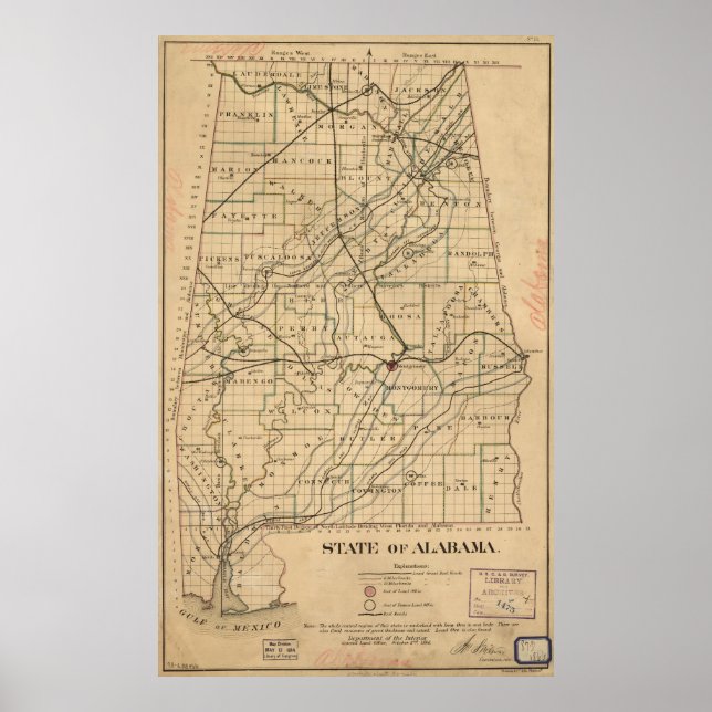 Affiche Carte vintage de l'Alabama (1866) (Devant)