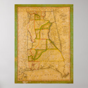 Affiche Carte vintage de l'Alabama par John Melish (1820)