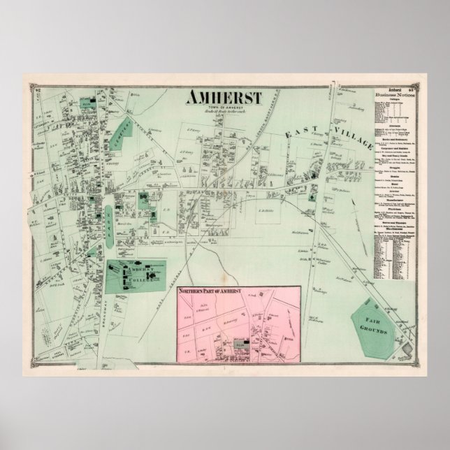 Affiche Carte vintage de l'Amherst MA (1873) (Devant)