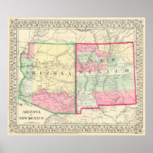 Affiche Carte vintage de l'Arizona et du Nouveau-Mexique (