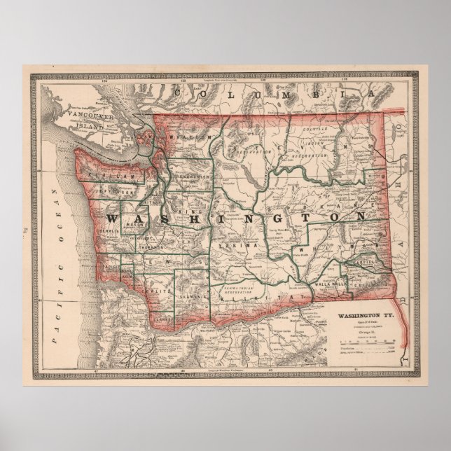 Affiche Carte vintage de l'État de Washington (1883) (Devant)