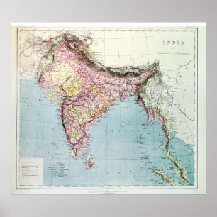 Affiche Carte vintage de l'Inde   1877