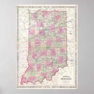 Affiche Carte vintage de l'Indiana (1864)