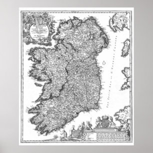 Affiche Carte Vintage de l'Irlande (1716) BW