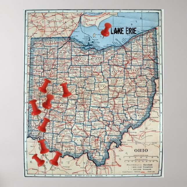 Affiche Carte vintage de l'Ohio (1921) personnalisable car (Devant)