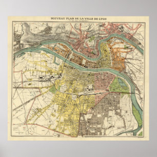 Affiche Carte vintage de Lyon France (1913)