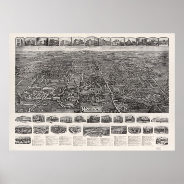 Affiche Carte vintage de Manchester CT (1914) (Devant)