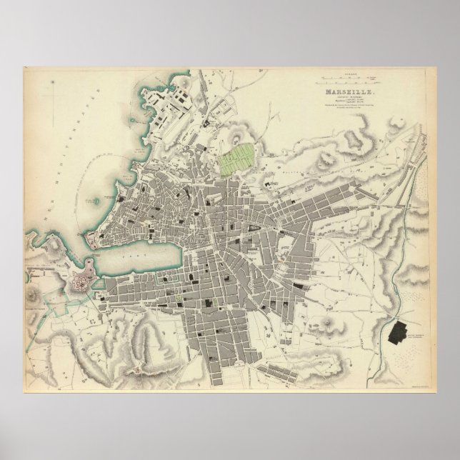 Affiche Carte vintage de Marseille France (1840) (Devant)