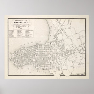 Affiche Carte vintage de Montevideo Uruguay (1865)