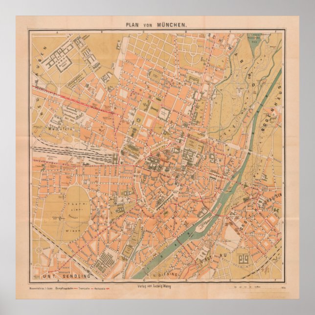 Affiche Carte vintage de Munich Allemagne (1890) (Devant)