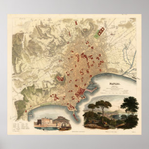 Affiche Carte vintage de Naples Italie (1835)