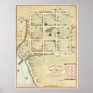 Affiche Carte vintage de New Haven CT (1865)