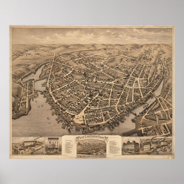 Affiche Carte vintage de New London CT (1876) (Devant)
