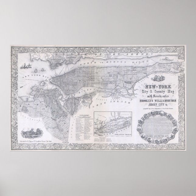 Affiche Carte vintage de New York (1855) (Devant)