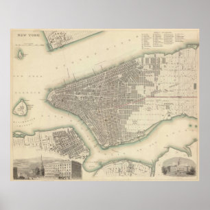 Affiche Carte vintage de New York City inférieur (1840)