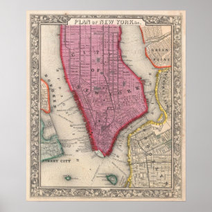 Affiche Carte vintage de New York City inférieur (1860)