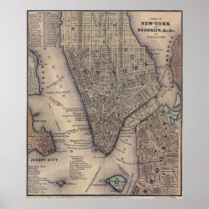 Affiche Carte vintage de New York et Brooklyn (1847)