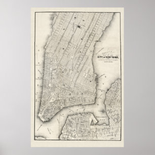 Affiche Carte vintage de New York et de Brooklyn, 1860