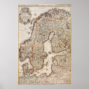 Affiche Carte vintage de Norvège et de Suède (1717)