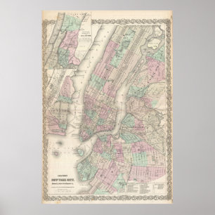Affiche Carte vintage de NYC et Brooklyn (1865)