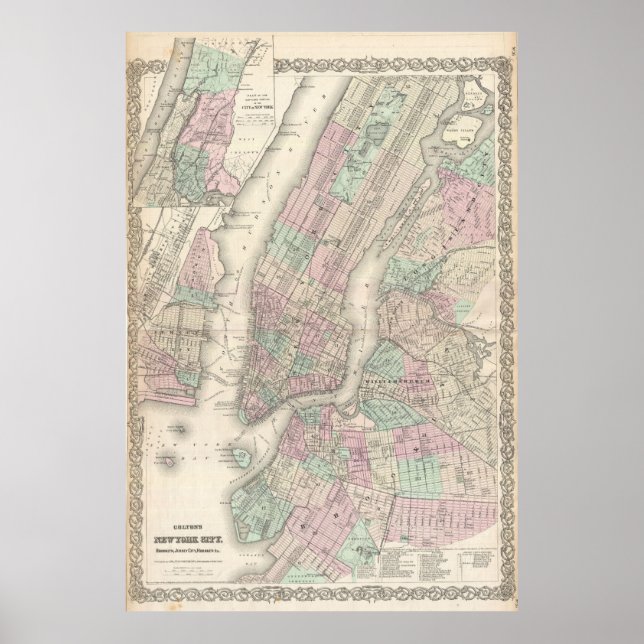 Affiche Carte vintage de NYC et Brooklyn (1865) (Devant)