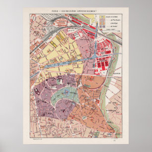 Affiche Carte vintage de Paris, 1900 - 19e Arrondissement