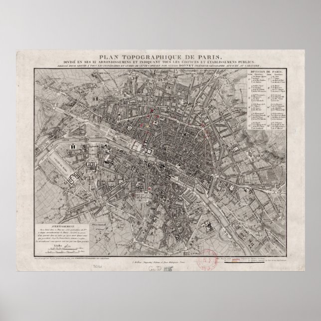 Affiche Carte vintage de Paris France (1837) (Devant)