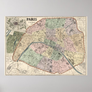 Affiche Carte vintage de Paris France 1878