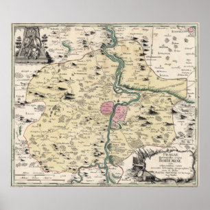 Affiche Carte vintage de Prague et environs (1740)
