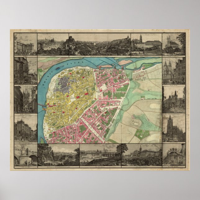 Affiche Carte vintage de Prague République tchèque (1845) (Devant)