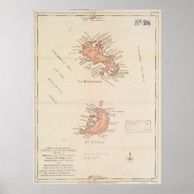 Affiche Carte vintage de Sainte-Lucie & Martinique (1781) (Devant)