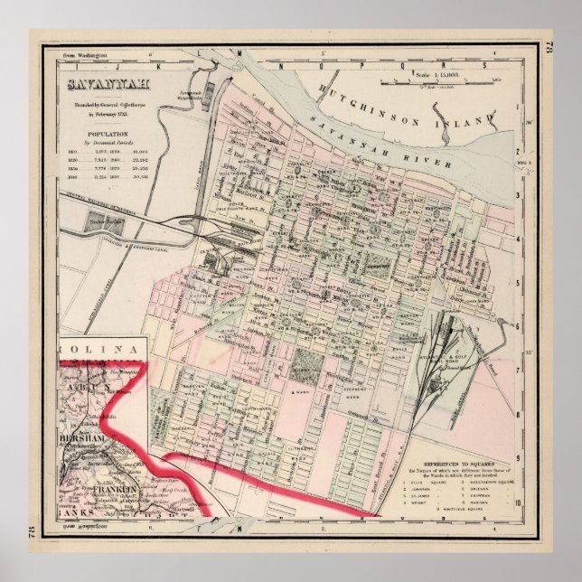 Affiche Carte vintage de Savannah GA (1877) (Devant)