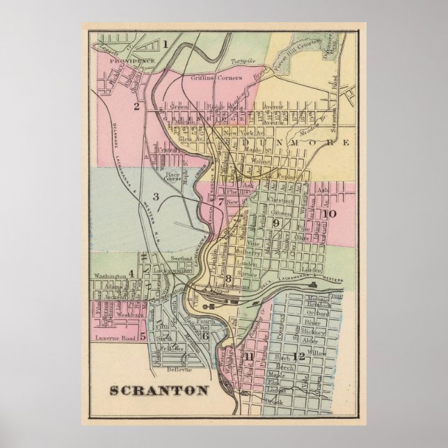 Affiche Carte vintage de Scranton PA (1890) (Devant)