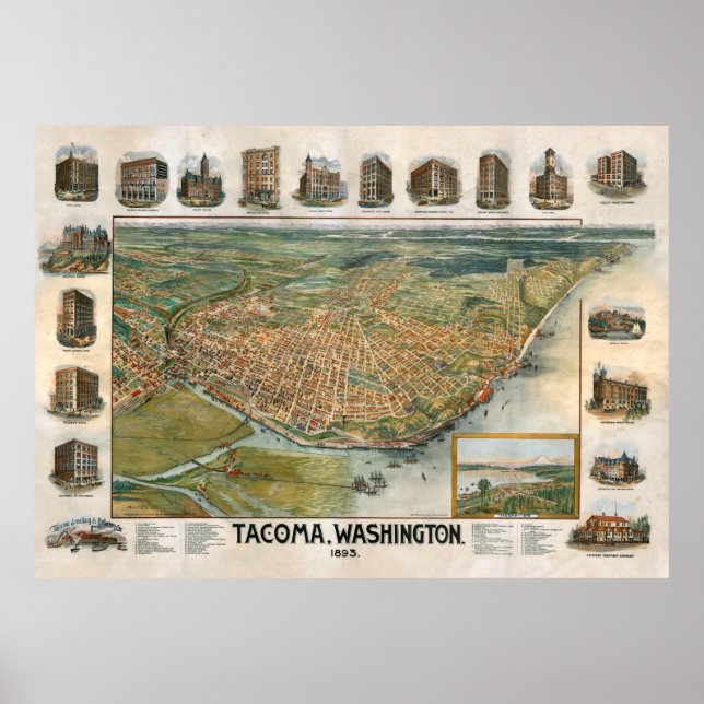 Affiche Carte vintage de Tacoma WA (1893) (Devant)