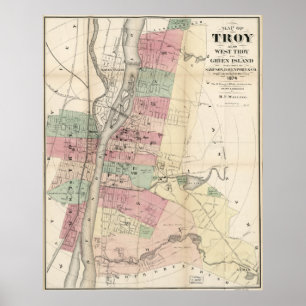 Affiche Carte vintage de Troy NY (1874)