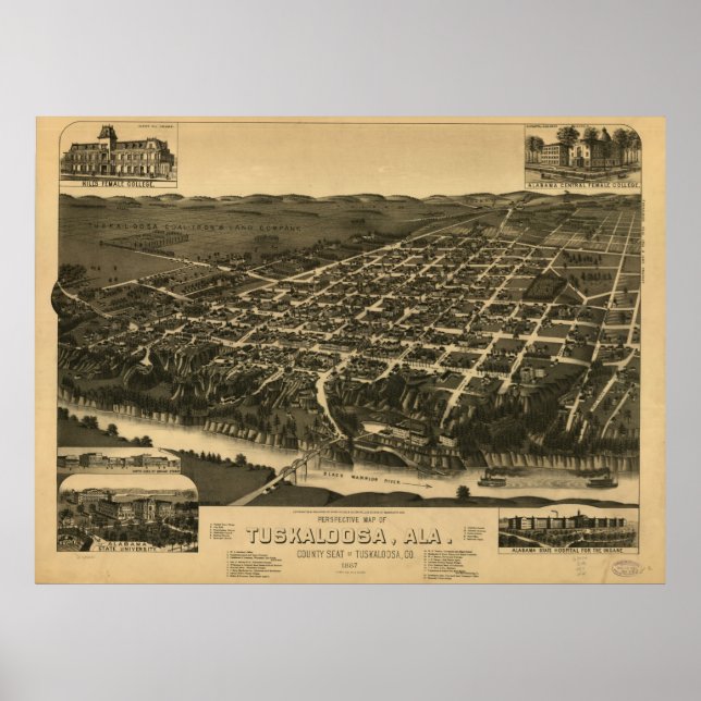 Affiche Carte vintage de Tuscaloosa Alabama (1887) (Devant)