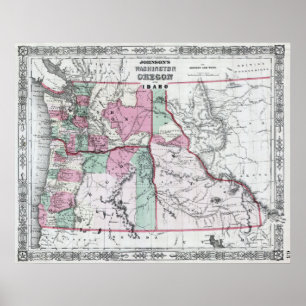 Affiche Carte vintage de Washington, de l'Orégon et de